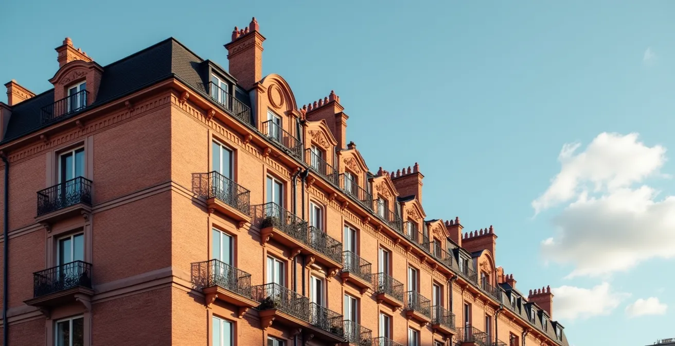 Vue architecturale de Toulouse avec bâtiment notarial et briques roses