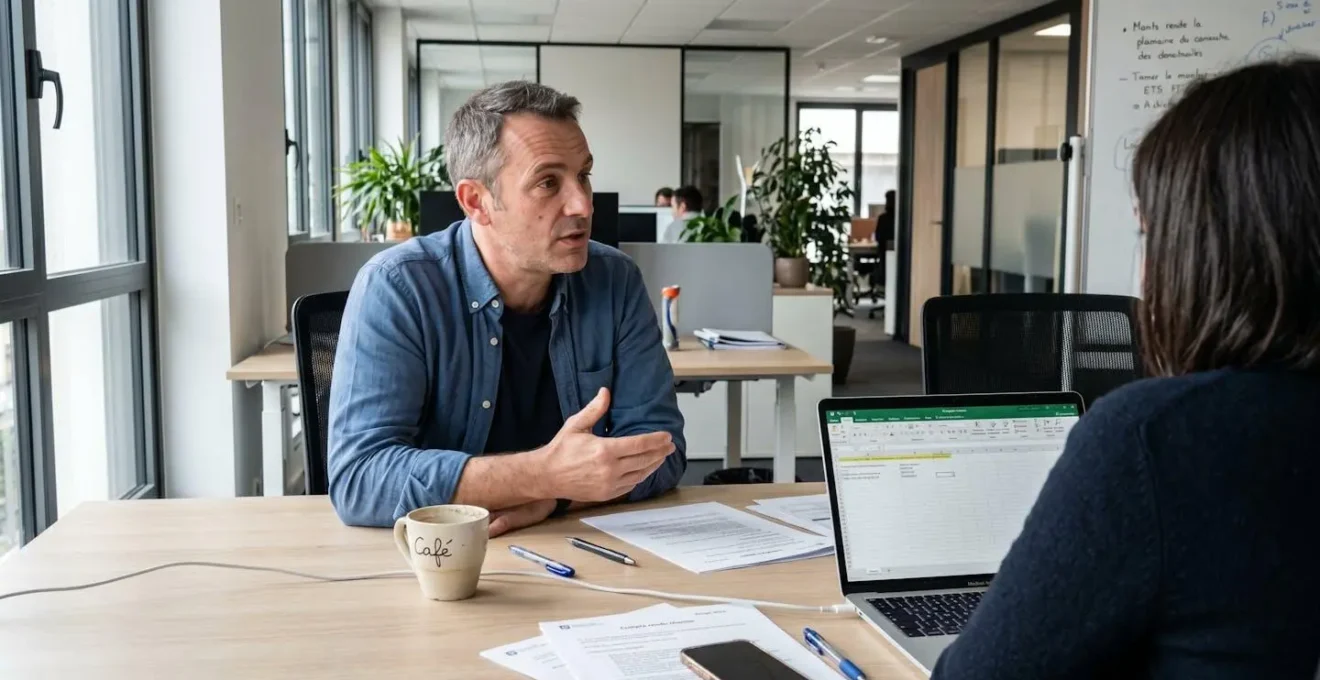 Dirigeant de PME en discussion juridique dans un bureau contemporain, documents et ordinateur visibles sur la table