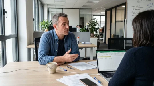 Dirigeant de PME en discussion juridique dans un bureau contemporain, documents et ordinateur visibles sur la table