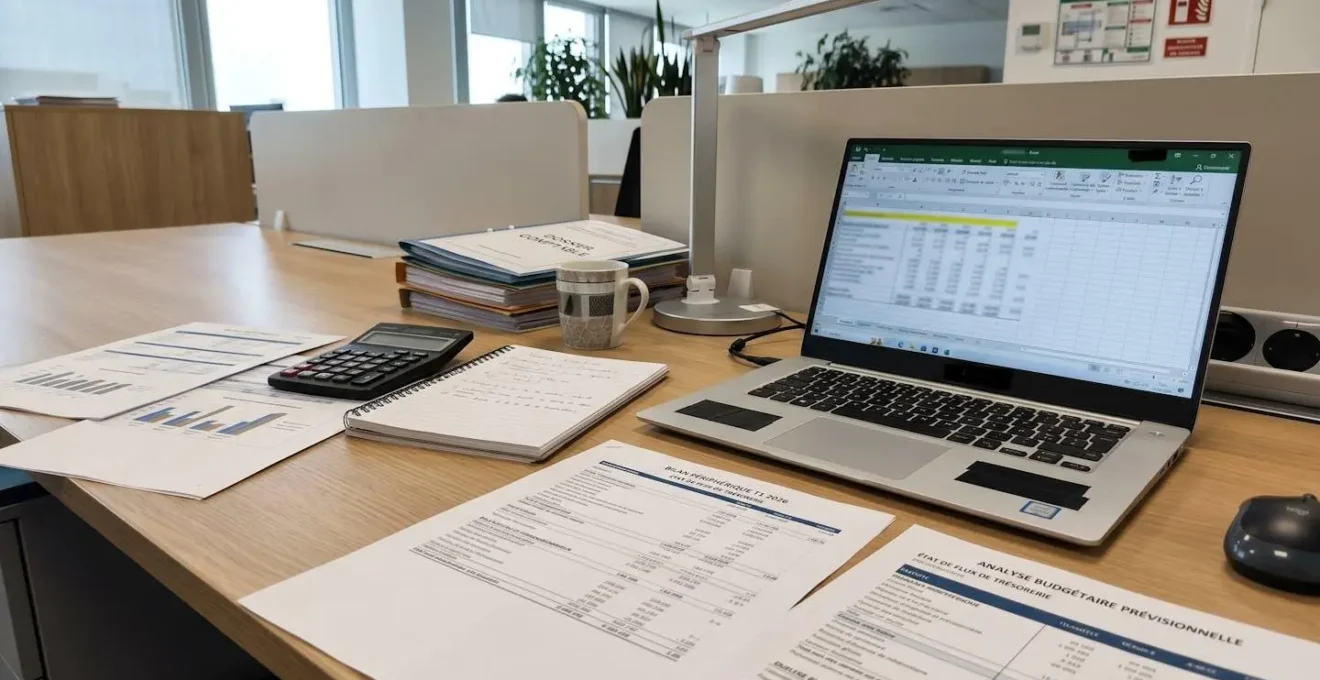 Des documents financiers et une calculatrice sur un bureau professionnel illustrant l