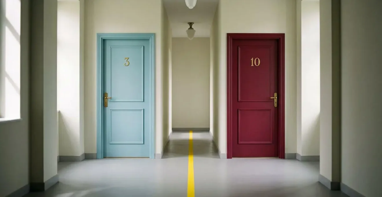 Photographie conceptuelle en symétrie parfaite montrant deux portes côte à côte dans un couloir : la porte de gauche peinte en bleu pastel avec le chiffre doré '3', la porte de droite peinte en rouge bordeaux avec le chiffre doré '10', séparées par une ligne jaune au sol, avec éclairage latéral naturel créant des ombres géométriques