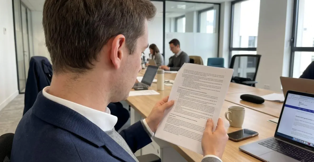 Un professionnel consultant un document juridique à son bureau, illustrant la nécessité de comprendre le cadre réglementaire