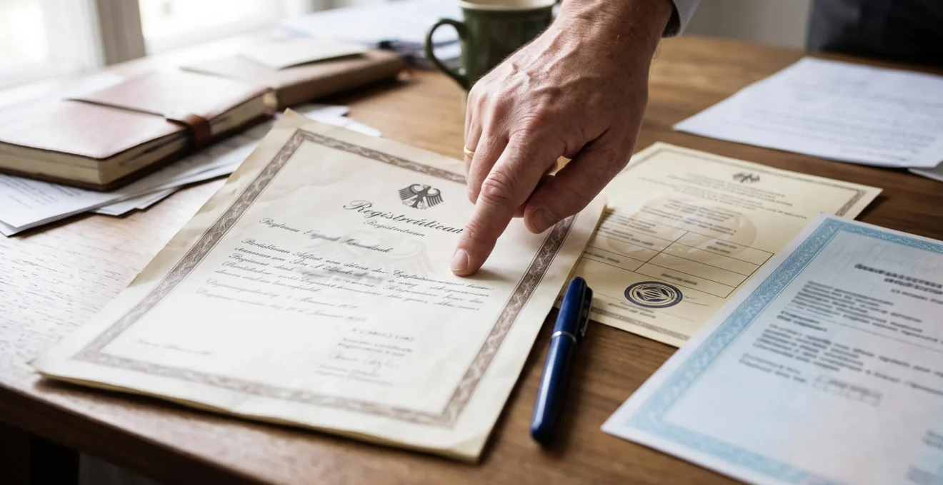 Une main pointe un certificat de marque posé sur un bureau.