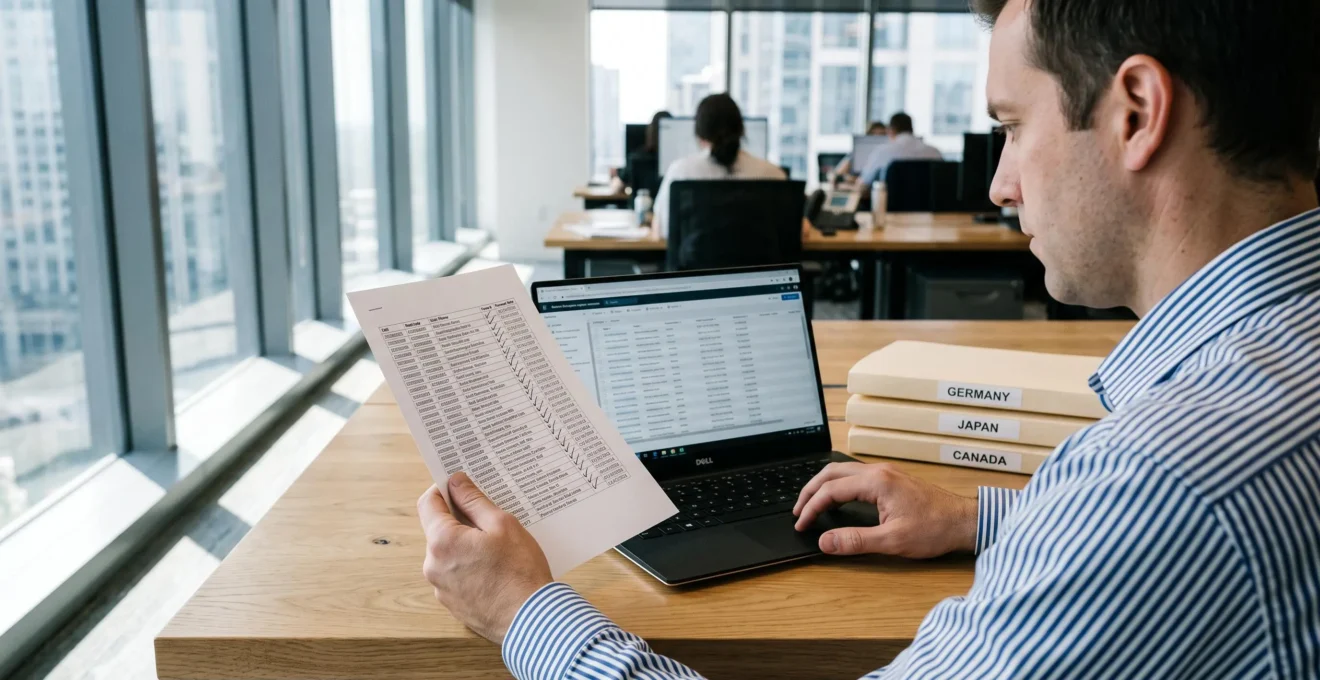 Une professionnelle vérifie des échéances de renouvellement de brevets sur son bureau.